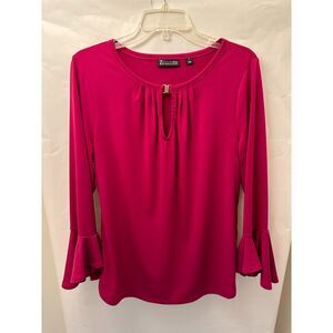 7th Avenue Design Studio Pink Blouse M Bell Sleeve Keyhole Top Stretch Office